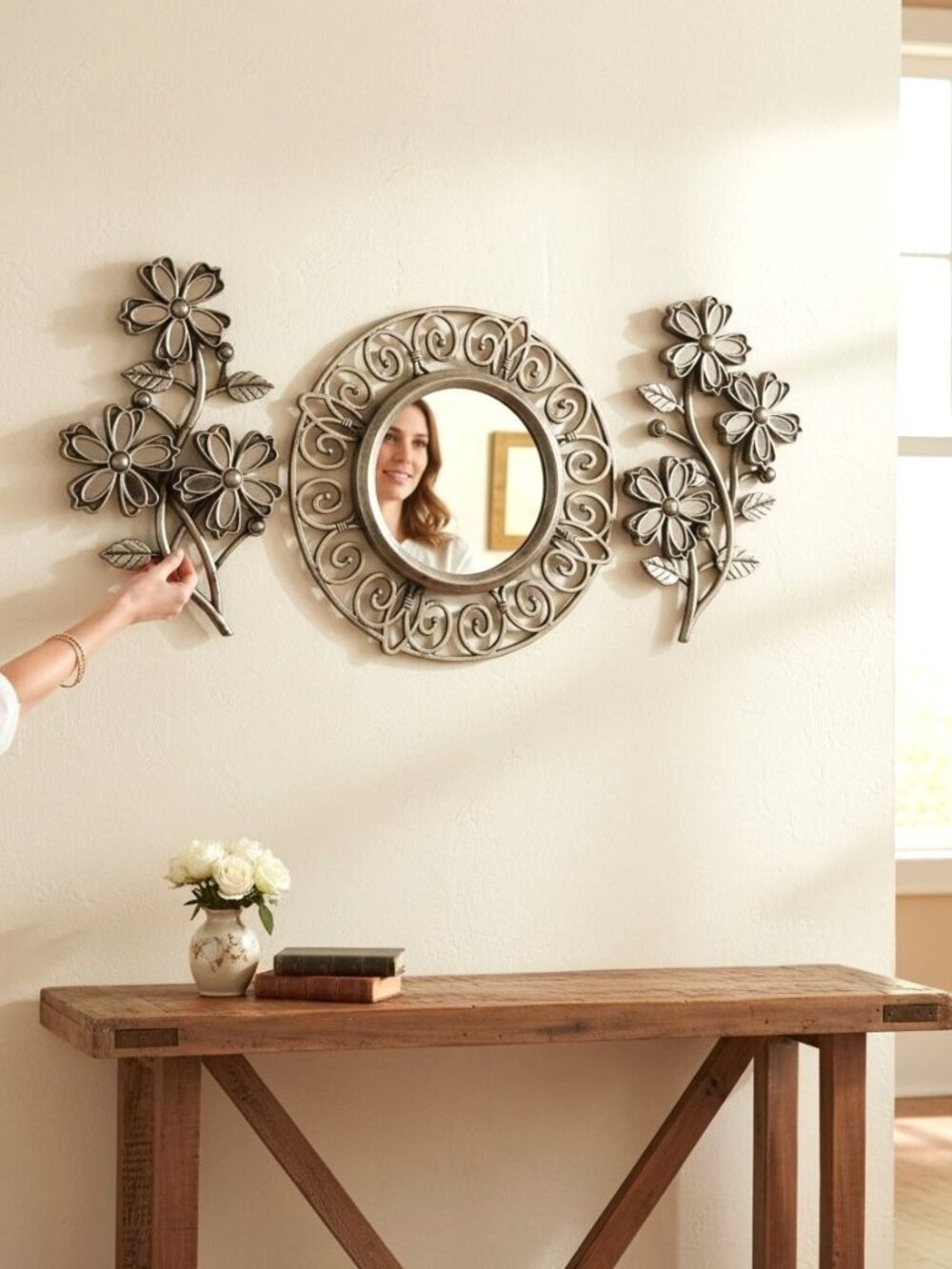 Floral Wall Mirror & Mirrored Floral Décor 3 Piece Set
